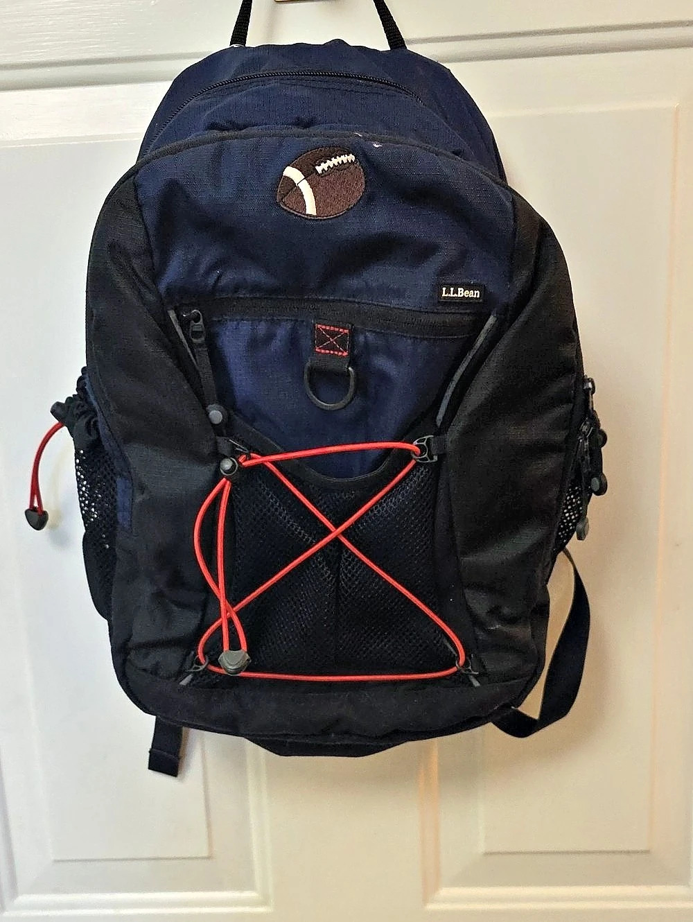 LL Bean Blue & Black Backpack With Football Embroidery